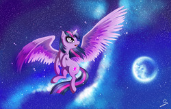 Size: 3187x2030 | Tagged: safe, artist:wakan-nai, twilight sparkle, alicorn, pony, g4, female, high res, mare, moon, open mouth, solo, space, spread wings, stars, twilight sparkle (alicorn)