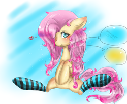 Size: 1264x1038 | Tagged: safe, artist:glaceon803, fluttershy, pinkie pie, g4, balloon, clothes, female, fusion, socks, solo, striped socks