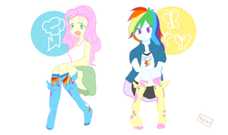 Size: 1200x710 | Tagged: safe, artist:gesshori, fluttershy, rainbow dash, equestria girls, g4, clothes, implied shipping, pixiv, socks