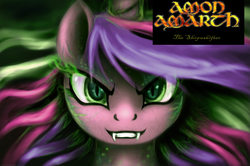 Size: 1280x852 | Tagged: safe, artist:zoarvek, edit, queen chrysalis, changeling, g4, amon amarth, death metal, disguise, disguised changeling, fake cadance, metal, solo, transformation