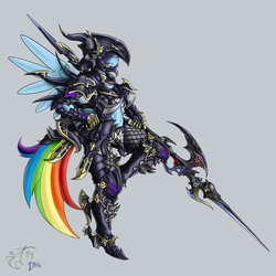 Size: 1500x1500 | Tagged: safe, artist:melancholy, rainbow dash, anthro, g4, armor, belly button, crossover, dragoon, final fantasy, final fantasy iv, final fantasy xiv, midriff, spear, unconvincing armor, weapon