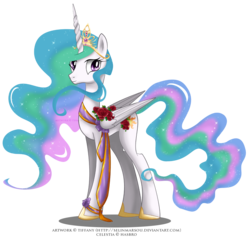 Size: 1120x1064 | Tagged: safe, artist:tiffanymarsou, part of a set, princess celestia, alicorn, pony, g4, concave belly, ethereal mane, ethereal tail, female, flower, folded wings, looking at you, mare, may festival, rose, simple background, slender, smiling, solo, starry mane, starry tail, tail, tall, thin, tiara, transparent background, wings