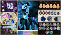 Size: 3980x2285 | Tagged: safe, applejack, berry punch, berryshine, carrot top, derpy hooves, dj pon-3, doctor whooves, fluttershy, golden harvest, minuette, nightmare moon, octavia melody, pinkie pie, princess celestia, princess luna, queen chrysalis, rainbow dash, rarity, time turner, twilight sparkle, vinyl scratch, pegasus, pony, g4, brooch, cutie mark, czequestria, female, high res, mane six, mare, pillow, pin