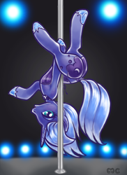 Size: 548x754 | Tagged: safe, artist:mcponyponypony, princess luna, pony, g4, butt, clothes, corset, female, mare, open mouth, plot, pole dancing, s1 luna, solo, stripper pole, upside down