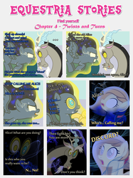 Size: 1800x2409 | Tagged: safe, artist:estories, discord, oc, oc:alice goldenfeather, oc:penumbra, draconequus, pegasus, pony, comic:find yourself, g4, comic, glowing, glowing eyes, magic, possessed, telekinesis