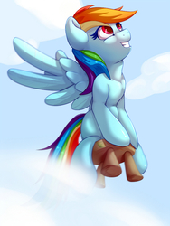 Size: 750x1000 | Tagged: safe, artist:rayhiros, rainbow dash, pegasus, pony, g4, cloud, female, flying, solo, stool, stooldash