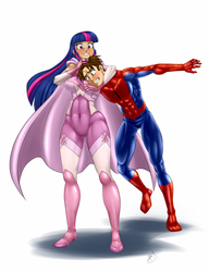 Size: 1200x1560 | Tagged: safe, artist:pia-sama, twilight sparkle, human, spiders and magic: rise of spider-mane, g4, amethyst sorceress, bodysuit, breasts, busty twilight sparkle, crossover, crossover shipping, female, humanized, male, marvel, peter parker, shipping, spider-man, spidertwi, straight, unmasked
