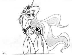 Size: 2204x1674 | Tagged: safe, artist:uminanimu, princess luna, g4, female, grayscale, lineart, looking back, monochrome, solo, traditional art