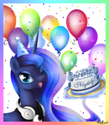 Size: 830x952 | Tagged: safe, artist:takuyarawr, princess luna, g4, balloon, birthday cake, cake, female, hat, headphones, open mouth, party hat, smiling, solo, wink