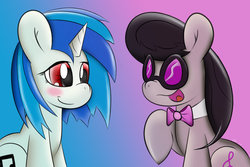 Size: 1024x683 | Tagged: safe, artist:ironheart3498, dj pon-3, octavia melody, vinyl scratch, g4, accessory swap, blushing, duo, wrong eye color