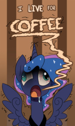 Size: 1400x2336 | Tagged: safe, artist:darkflame75, princess luna, lunadoodle, g4, addiction, bloodshot eyes, coffee, derp, drool, female, luna found the coffee, majestic as fuck, mismatched eyes, open mouth, solo, wide eyes, wingboner