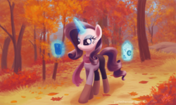 Size: 2133x1280 | Tagged: safe, artist:joellethenose, rarity, pony, unicorn, g4, autumn, boots, clothes, female, forest, glowing horn, horn, leaves, lidded eyes, magic, mare, outdoors, pants, phone, scarf, scenery, shirt, smiling, solo, starbucks, telekinesis, tree, updated, walking, wallpaper
