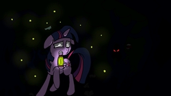 Size: 2560x1440 | Tagged: safe, twilight sparkle, alicorn, pony, g4, dark, everfree forest, female, floppy ears, forest, lamp, lantern, looking back, mare, monster, mouth hold, raised hoof, red eyes, scared, scary, shadows, twilight sparkle (alicorn), wide eyes