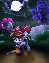 Size: 3096x3960 | Tagged: safe, artist:nadnerbd, pinkie pie, pipsqueak, princess luna, alicorn, earth pony, pony, g4, candy, colt, everfree forest, female, food, halloween, high res, male, mare, moon, night, pipsqueak eating spaghetti, rearing, spaghetti