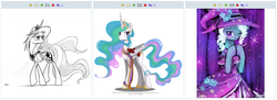 Size: 770x280 | Tagged: safe, princess celestia, princess luna, trixie, pony, unicorn, derpibooru, g4, exploitable meme, female, juxtaposition, juxtaposition win, lesbian, mare, meme, meta, shipping, trixlestia