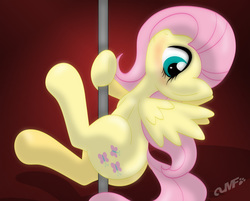 Size: 1500x1206 | Tagged: safe, artist:miniferu, fluttershy, pegasus, pony, g4, blushing, butt, dock, female, mare, plot, pole dancing, sexy, solo, spread wings, stupid sexy fluttershy, tail, wings