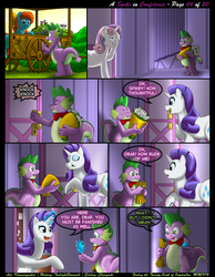 Size: 1165x1500 | Tagged: safe, artist:kitsuneyoukai, rarity, spike, sweetie belle, dragon, pony, unicorn, comic:a spike in confidence, g4, bowtie, butt, cart, chewing, comic, corridor, courtship, dialogue, disappointed, eating, explicit source, eyes closed, facehoof, female, flower, gem, generosity, horses doing horse things, hungry, interior, knocking, levitation, magic, male, mare, oblivious, realization, ship:sparity, shipping, straight, talking, telekinesis, wingless spike