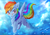 Size: 952x658 | Tagged: safe, artist:cutie-pie-neko, rainbow dash, bird, pegasus, pony, g4, blushing, cloud, cute, dashabetes, female, flying, heart eyes, mare, missing cutie mark, sky, solo, spread wings, wingding eyes, wings