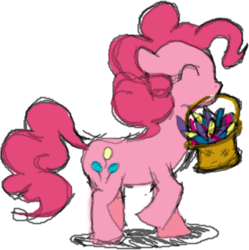 Size: 747x750 | Tagged: safe, artist:ponescribbles, pinkie pie, g4, green isn't your color, feather, female, mouth hold, raised leg, scene interpretation, solo