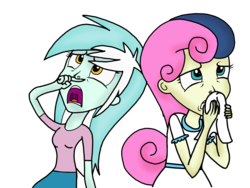Size: 2048x1536 | Tagged: safe, artist:proponypal, bon bon, lyra heartstrings, sweetie drops, equestria girls, g4, clothes, duo, duo female, female, finger under nose, handkerchief, humanized, pre sneeze, simple background, sneezing, sneezing fetish, tissue, transparent background