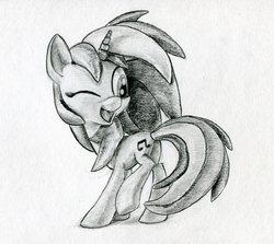 Size: 1209x1080 | Tagged: safe, artist:gezawatt, dj pon-3, vinyl scratch, g4, female, happy, monochrome, pencil drawing, solo, traditional art