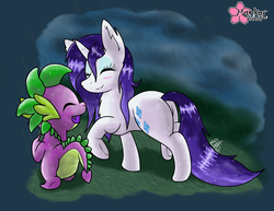 Size: 1000x773 | Tagged: safe, artist:clouddg, rarity, spike, dragon, pony, unicorn, g4, blushing, butt, duo, eyes closed, female, male, plot, rain, ship:sparity, shipping, straight, wet, wet mane, wet mane rarity