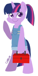 Size: 450x908 | Tagged: safe, artist:coggler, twilight sparkle, pony, unicorn, g4, alternate hairstyle, bipedal, cute, female, mechanic, overalls, ponytail, simple background, solo, toolbox, transparent background, unicorn twilight