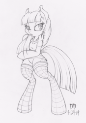 Size: 701x1000 | Tagged: safe, artist:dfectivedvice, maud pie, earth pony, semi-anthro, g4, arm hooves, checkered socks, clothes, dress, featureless crotch, female, grayscale, monochrome, solo, stockings, traditional art