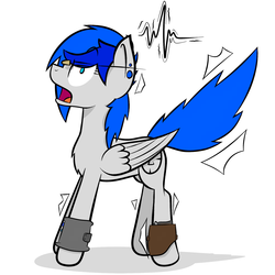 Size: 2000x2000 | Tagged: source needed, useless source url, safe, artist:jordo76, oc, oc only, oc:sapphire sights, fallout equestria, bullet, gun, high res, holster, open mouth, pipbuck, pistol, raised tail, startled