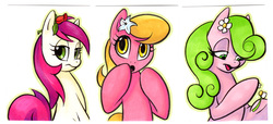 Size: 821x376 | Tagged: safe, artist:retrostarling, daisy, flower wishes, lily, lily valley, roseluck, g4, :o, bedroom eyes, flower, flower in hair, flower trio, hoof hold, looking at you, open mouth, rose, smiling, traditional art