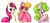 Size: 821x376 | Tagged: safe, artist:retrostarling, daisy, flower wishes, lily, lily valley, roseluck, earth pony, pony, g4, :o, bedroom eyes, female, flower, flower in hair, flower trio, hoof hold, looking at you, mare, open mouth, rose, smiling, traditional art, trio, trio female