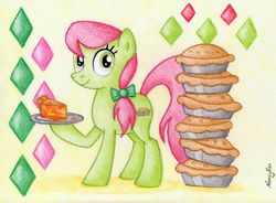 Size: 1619x1194 | Tagged: dead source, safe, artist:nancyksu, peachy sweet, earth pony, pony, g4, apple family member, bow, female, hair bow, hoof hold, looking at you, mare, pie, plate, smiling, solo, traditional art