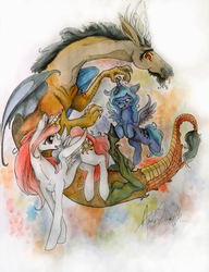 Size: 715x929 | Tagged: safe, artist:queenanneka, discord, princess celestia, princess luna, g4, s1 luna, traditional art