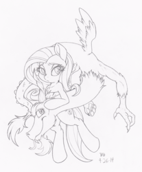 Size: 828x1000 | Tagged: safe, artist:dfectivedvice, discord, fluttershy, draconequus, pegasus, pony, semi-anthro, g4, female, grayscale, male, monochrome, ship:discoshy, shipping, straight