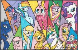 Size: 720x465 | Tagged: safe, artist:ponygoddess, apple bloom, applejack, derpy hooves, fluttershy, pinkie pie, princess cadance, princess celestia, princess luna, rainbow dash, rarity, scootaloo, sweetie belle, twilight sparkle, oc, oc:fluffle puff, alicorn, pony, g4, cutie mark crusaders, female, mane six, mare, twilight sparkle (alicorn)