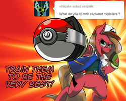 Size: 1000x800 | Tagged: safe, artist:atomi-cat, artist:melissathehedgehog, oc, oc only, oc:pun, earth pony, pony, ask pun, ash ketchum, ask, bipedal, clothes, costume, duct tape, female, mare, poké ball, pokémon, reference, solo, tumblr