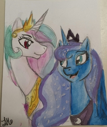 Size: 1005x1193 | Tagged: dead source, safe, artist:casualone, princess celestia, princess luna, g4, happy, open mouth, sisters, smiling, traditional art