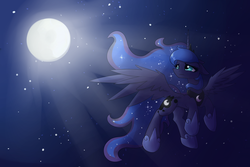 Size: 4500x3000 | Tagged: safe, artist:novabytes, princess luna, g4, female, looking back, moon, moonlight, solo, spread wings, stargazing, stars