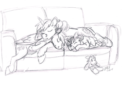 Size: 1017x729 | Tagged: safe, artist:carnivorouscaribou, princess cadance, shining armor, smarty pants, twilight sparkle, g4, couch, cuddling, cute, eyes closed, monochrome, prone, sketch, sleeping, smiling, snuggling