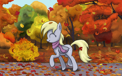 Size: 2900x1800 | Tagged: safe, artist:mrscroup, derpy hooves, pegasus, pony, g4, autumn, clothes, eyes closed, female, forest, leaves, mare, scarf, smiling, solo