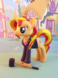 Size: 706x950 | Tagged: safe, artist:krowzivitch, sunset shimmer, pony, unicorn, g4, banhammer, clothes, equestria girls outfit, female, jacket, leather jacket, sculpture, sledgehammer, solo