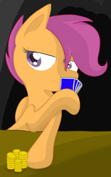 Size: 453x727 | Tagged: safe, artist:springveil, scootaloo, g4, bits, female, lidded eyes, playing card, poker, solo