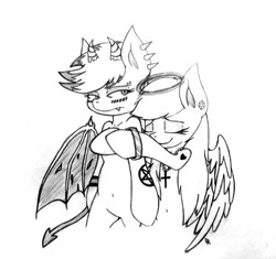 Size: 1022x959 | Tagged: safe, artist:dubstepbrony4life, oc, oc only, angel pony, demon, demon pony, pony, belly button, blushing, christianity, eyes closed, grayscale, halo, hug, lidded eyes, monochrome, satanism, simple background, traditional art, white background