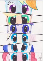 Size: 1248x1744 | Tagged: safe, artist:1vladislav, applejack, fluttershy, pinkie pie, rainbow dash, rarity, twilight sparkle, g4, close-up, eyes, mane six, persona eyes, traditional art