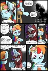 Size: 781x1156 | Tagged: safe, artist:metal-kitty, rainbow dash, rarity, comic:expiration date, g4, comic, crossover, dialogue, drink, expiration date, fail, glasses, goggles, rainbow dash is best facemaker, rainbow scout, rarispy, team fortress 2
