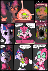 Size: 781x1156 | Tagged: safe, artist:metal-kitty, pinkie pie, twilight sparkle, alicorn, pony, comic:expiration date, g4, bread monster, comic, crossover, engie pie, engineer, engineer (tf2), expiration date, female, mare, medic, medic (tf2), muffin, team fortress 2, teleporter, twi medic, twilight sparkle (alicorn)