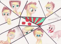 Size: 1744x1248 | Tagged: safe, artist:1vladislav, applejack, winona, butterfly, g4, apple, derp, traditional art