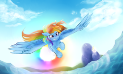 Size: 2500x1500 | Tagged: safe, artist:rhythmcrown, rainbow dash, pegasus, pony, g4, canterlot, cloud, female, flying, solo, sonic rainboom, spread wings, water, wings