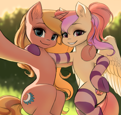 Size: 1256x1185 | Tagged: safe, artist:katputze, oc, oc only, oc:cuddle bug, oc:dreamy sweet, pegasus, pony, unicorn, bipedal, clothes, duo, female, hug, selfie, socks, striped socks, sunset