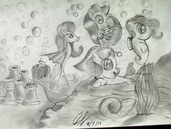 Size: 4608x3456 | Tagged: safe, artist:thegreatmewtwo, hippocampus, kelpie, merpony, sea pony, g1, g4, bubble, fins, g1 to g4, generation leap, group, monochrome, nix, ocean, sea ponies, shoo be doo, sketch, smiling, traditional art, underwater, water